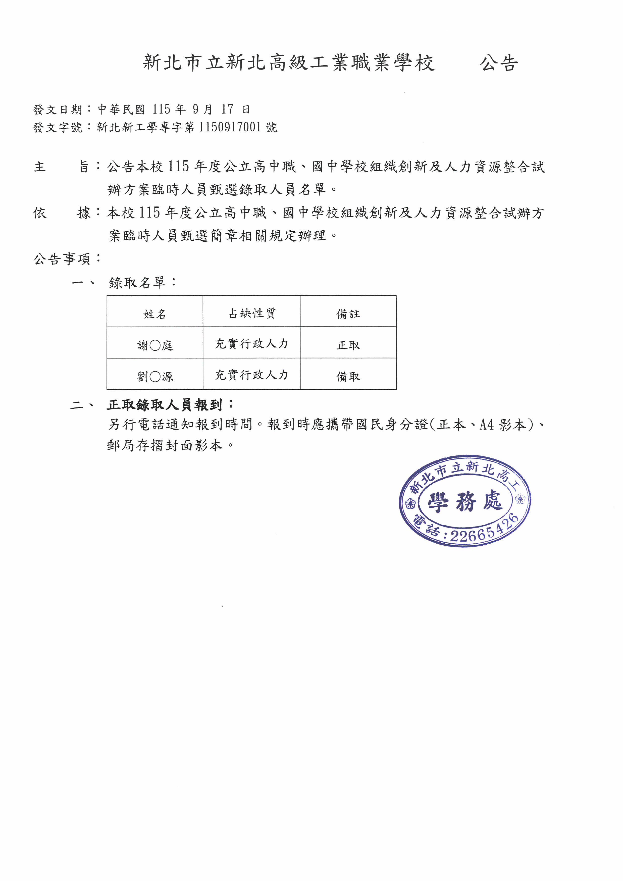 公告本校115年度公立高中職、國中學校組織創新及人力資源整合試辦方案臨時人員甄選錄