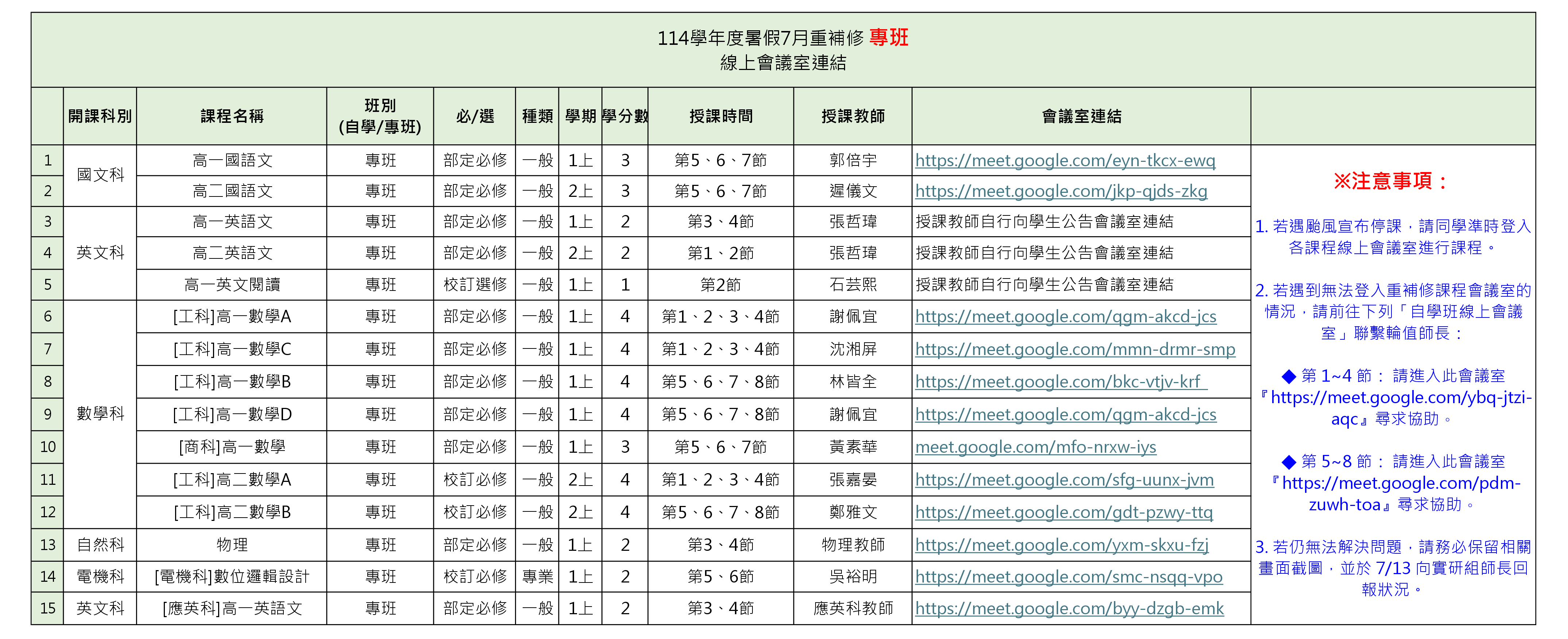 114暑假7月重補修線上會議室連結(專班)_1150709
