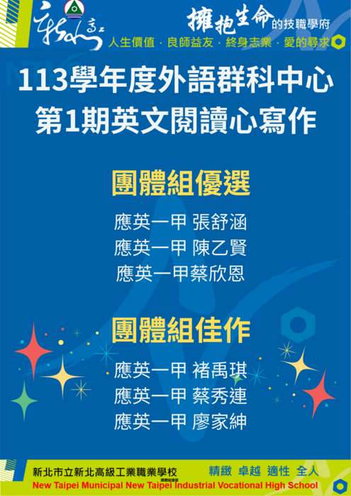【得獎公告】113學年度外語群科中心讀書心得第1期得獎名單，恭喜以下同學!