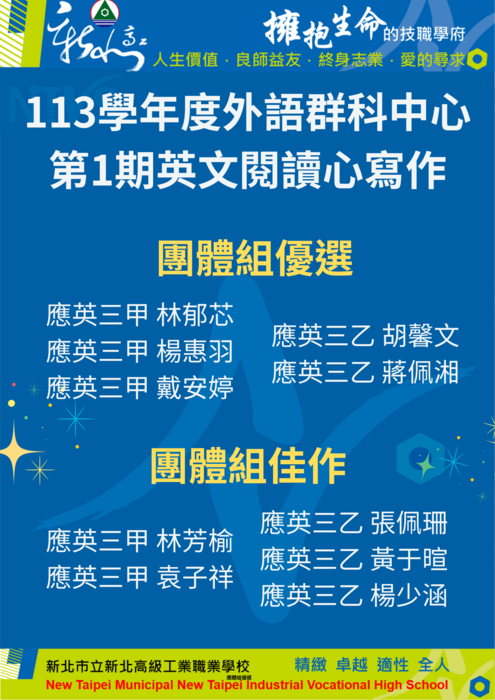 【得獎公告】113學年度外語群科中心讀書心得第1期得獎名單，恭喜以下同學!