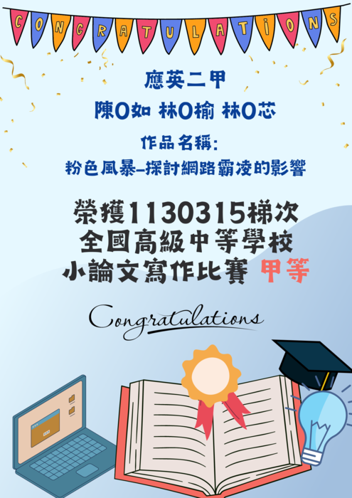 應英二甲同學榮獲1130315梯次全國高級中等學校小論文寫作比賽甲等!