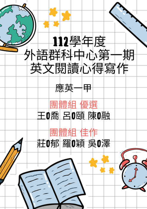112學年度外語群科中心第1期英文閱讀心得寫作得獎名單